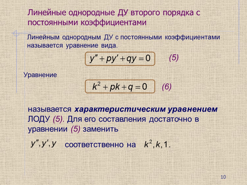 Линейные однородные ДУ второго порядка с постоянными коэффициентами Линейным однородным ДУ с постоянными коэффициентами